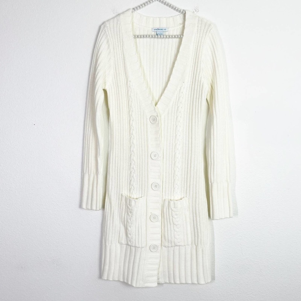 Y2K One Step Up Long Cable Knit Cardigan Sweater White Size Large